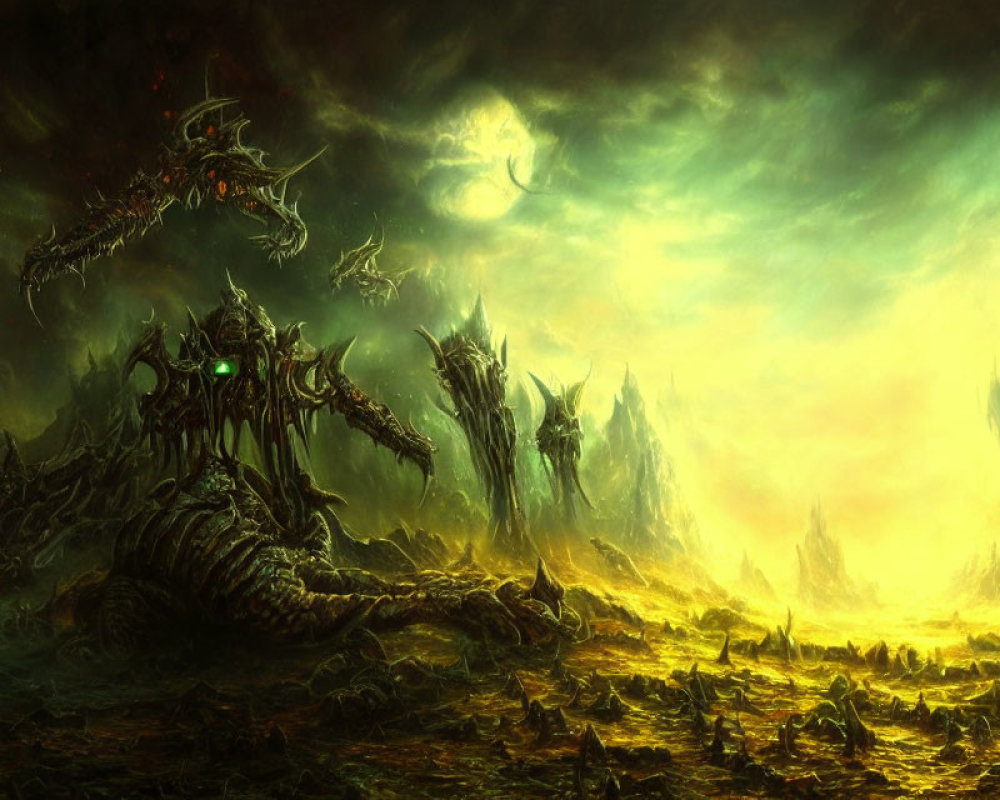 Eerie landscape with skeletal dragon-like creatures under stormy green sky