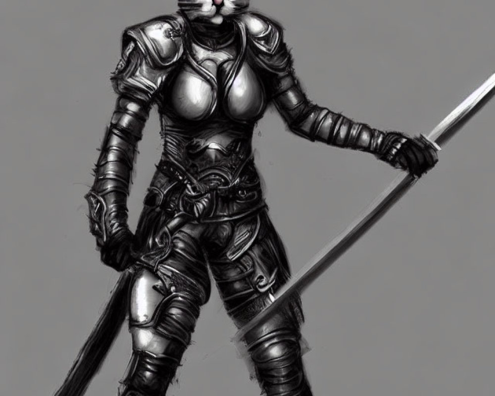 Anthropomorphic Cat Warrior in Full Armor Holding Polearm