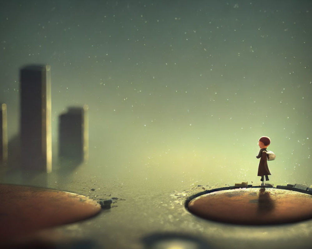 Child in red cap on surreal landscape with circular portals and city silhouettes under starry sky