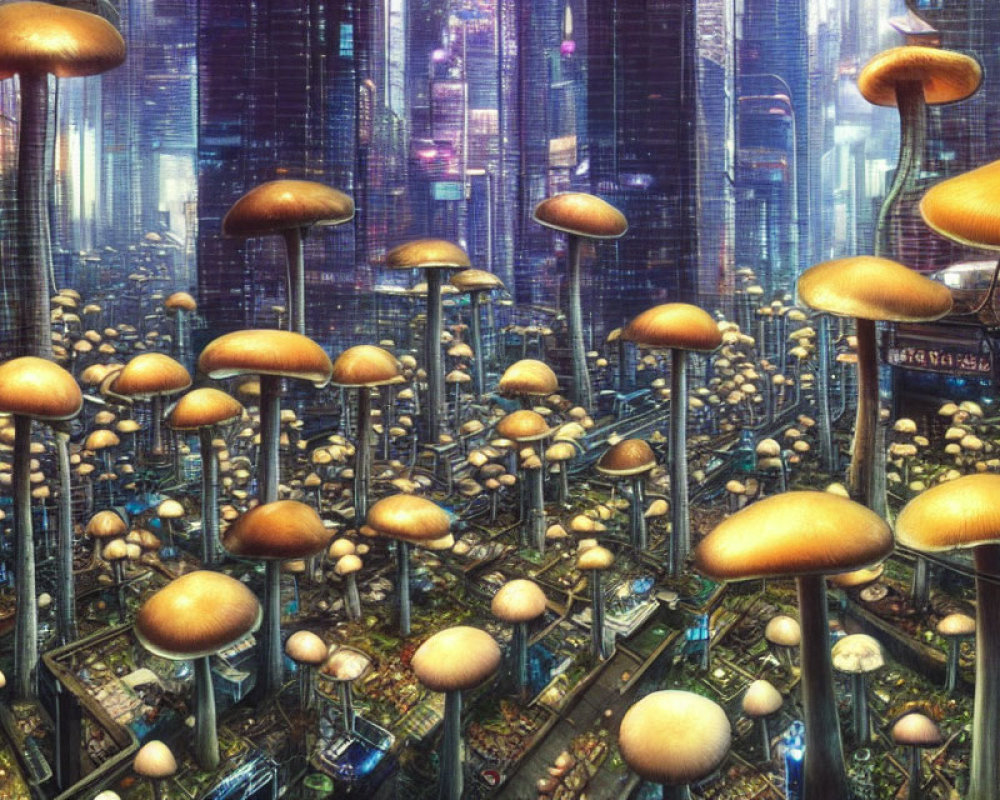 Futuristic cityscape with skyscrapers and oversized mushrooms in neon-lit ambiance