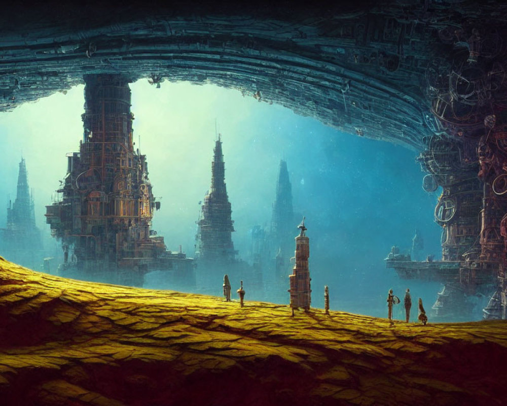 Majestic underground city with towering spires and warm glow viewed from a cave mouth.