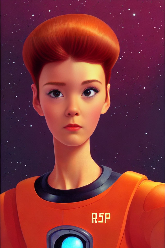 Female astronaut with red hair in orange spacesuit in starry space.