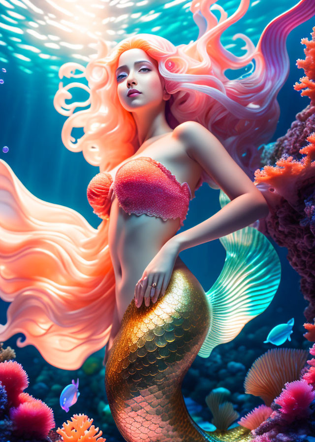 Mermaid digital art: red hair, golden tail, coral, fish underwater