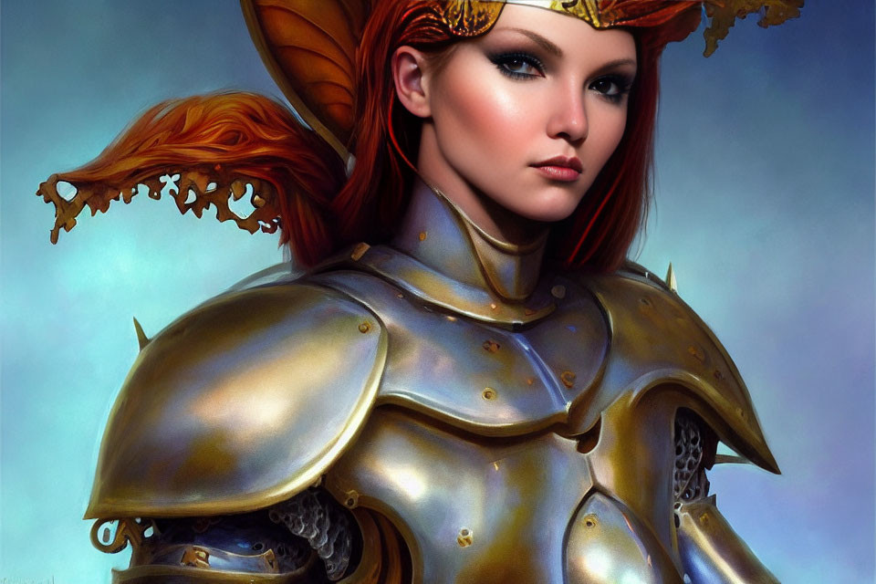 Red-haired female warrior in ornate metal armor with elven ear and gold-detailed helmet.