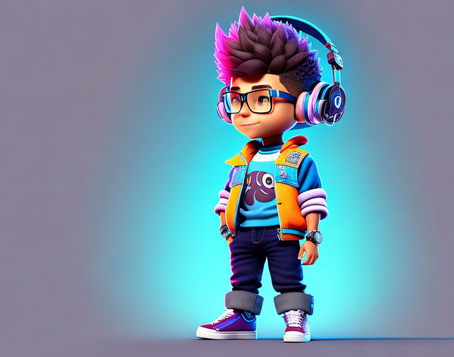 Stylized 3D illustration of character with purple hair, headphones, glasses, trendy clothes