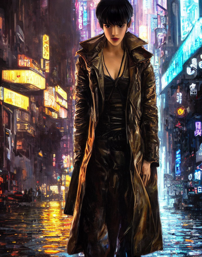 Short Black-Haired Figure in Leather Coat in Neon-Lit Rainy Street