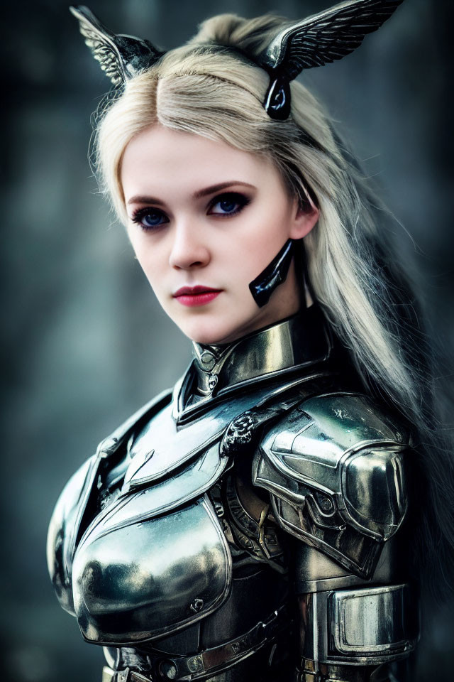 Fantasy woman in horned armor with silver hair and blue eyes