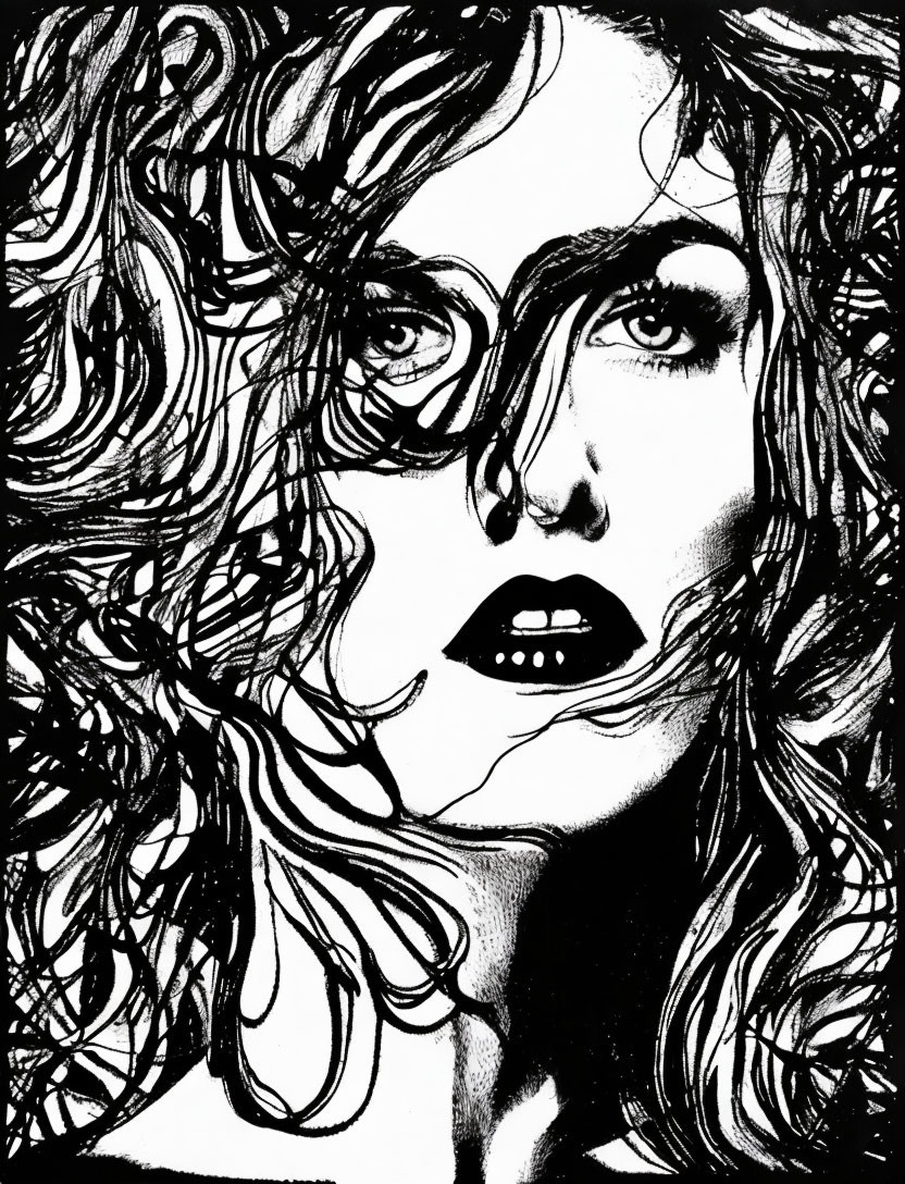 Monochrome sketch of woman with striking eyes and curly hair
