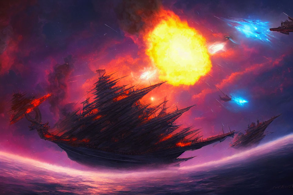 Fantastical image: Sailing ships in cosmic battle