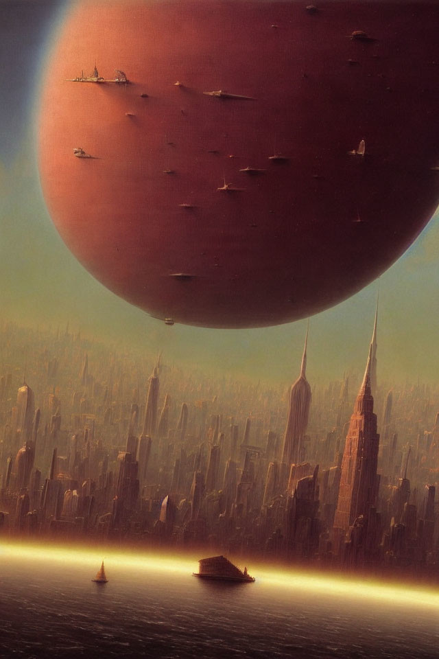 Futuristic cityscape with reddish planet, hovering spacecraft, and golden haze