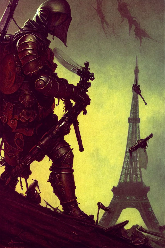 Futuristic knight in armor on building with distorted Eiffel Tower and dark silhouettes