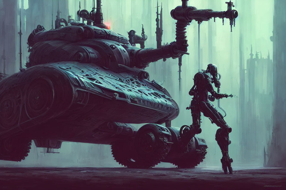 Futuristic hover tank and armored figure in advanced setting