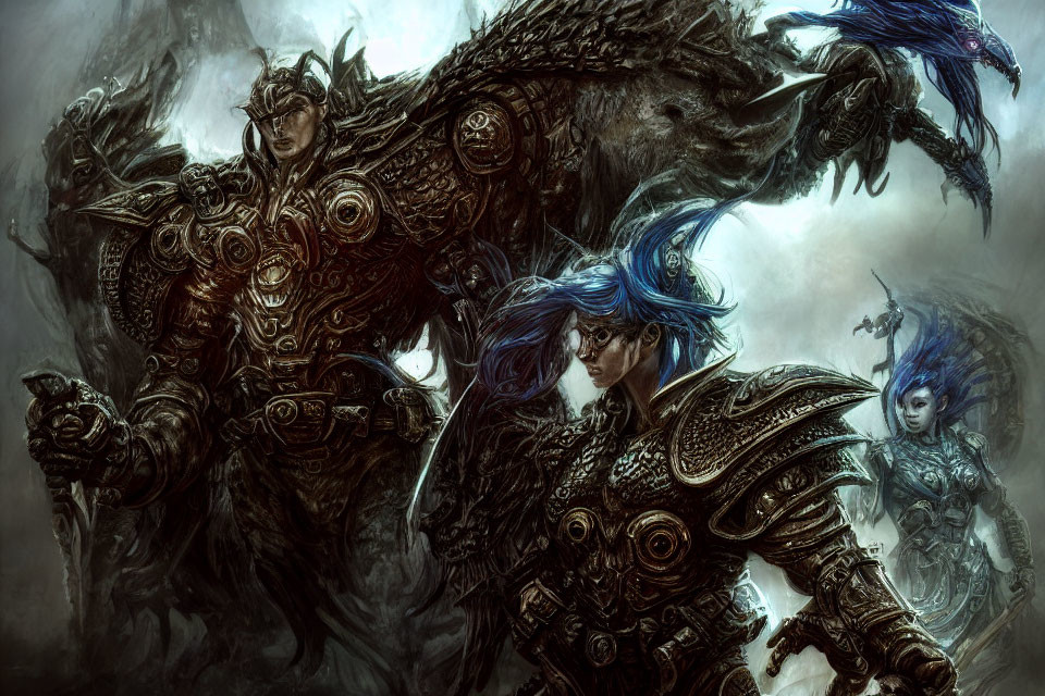 Detailed Fantasy Artwork: Three Armored Characters and Monstrous Creature