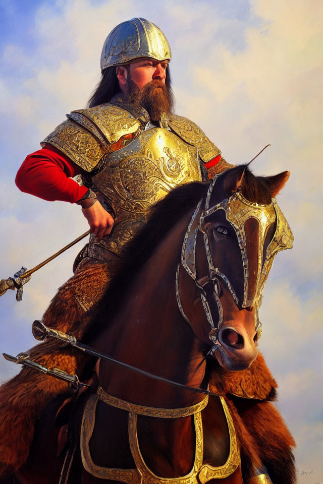 Medieval armored man on horseback under cloudy sky