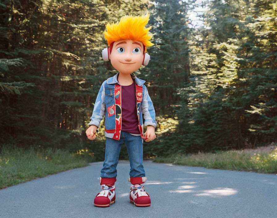 Orange-Haired Animated Character in Denim Vest on Forest Road