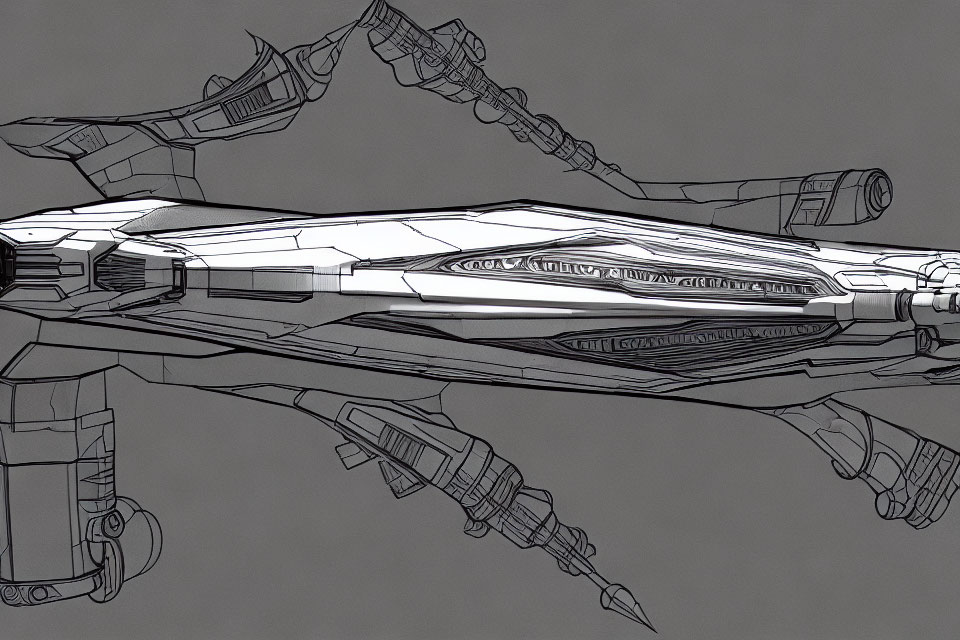 Detailed grayscale futuristic crossbow sketch on textured background