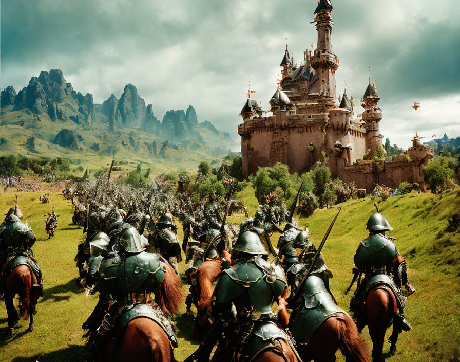 Armored knights on horseback approaching majestic castle