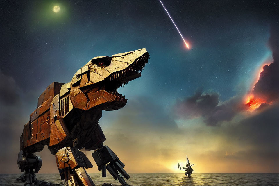 Robotic dinosaur overlooking calm sea with sailboat under green moon.