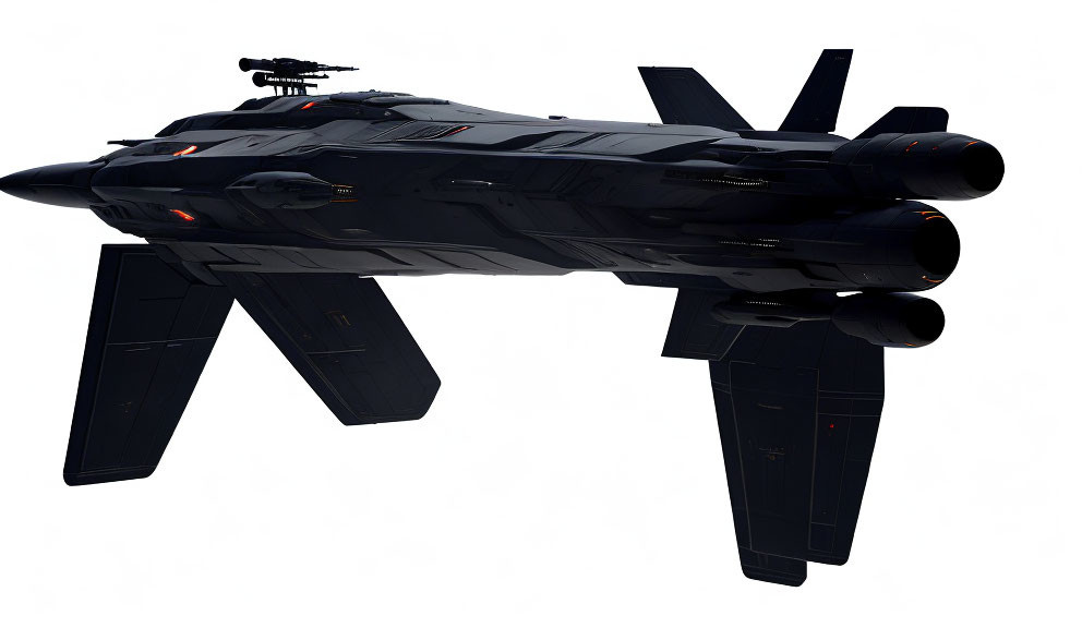 Futuristic black combat spacecraft with prominent wings and red lights on white background