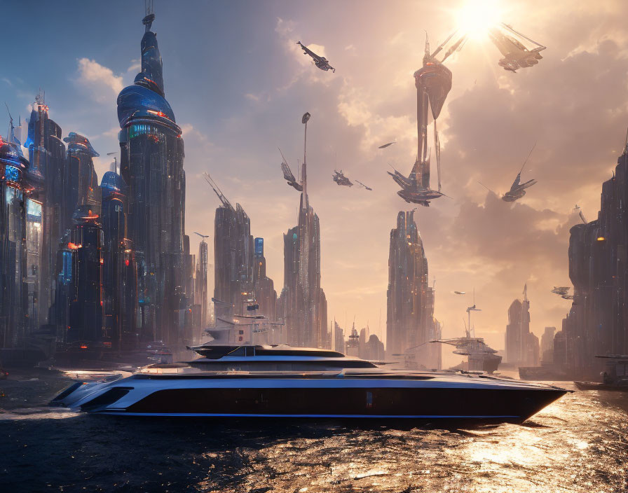 Futuristic cityscape with skyscrapers, flying vehicles, sunlight, and yacht