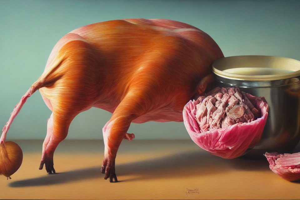 Surreal painting featuring pig with banana body and pot with pink fruit.