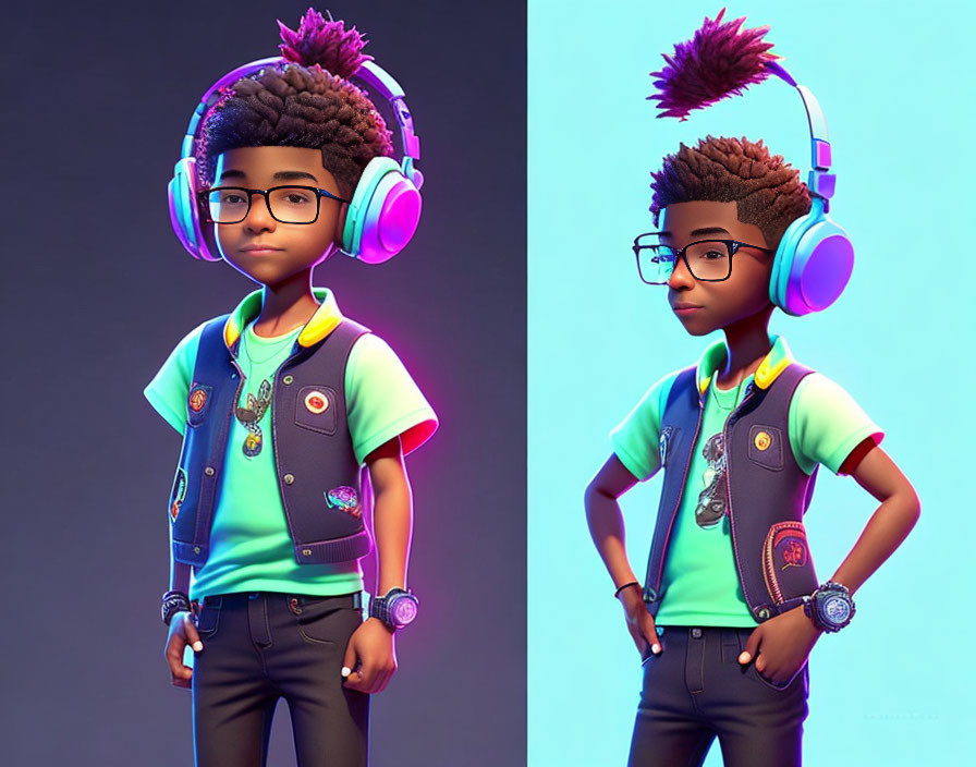 Colorful 3D illustration of stylish boy with glasses and headphones