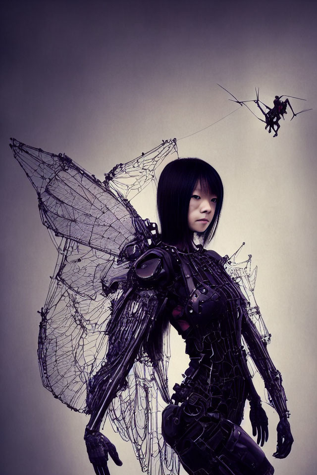 Intricate dark fairy costume with mechanical wings and flying machine on gradient backdrop