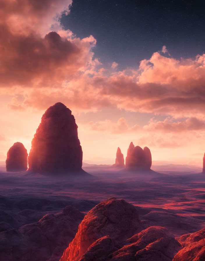 Majestic rock formations in glowing twilight landscape