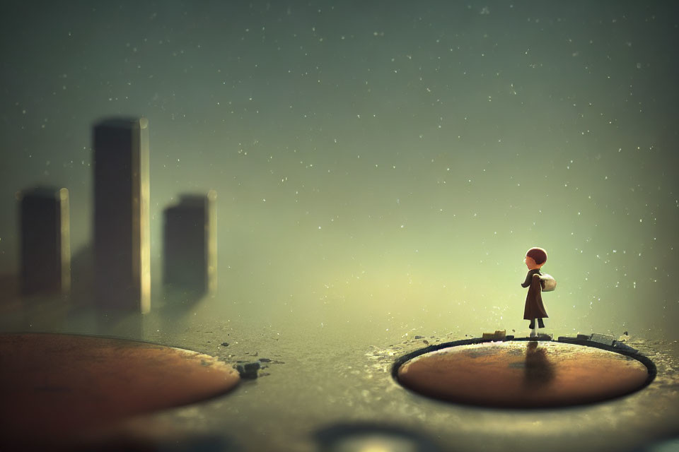 Child in red cap on surreal landscape with circular portals and city silhouettes under starry sky