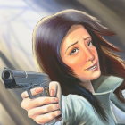 Digital painting of woman with pistol, brown hair, and focused expression