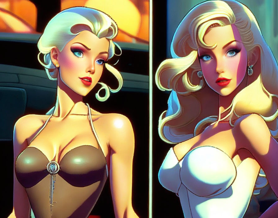 Blonde female character in two outfits and hairstyles against neon background