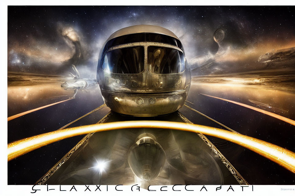 Reflective Futuristic Spacecraft on Cosmic Background with Stylized Text "Galaxic Occapat