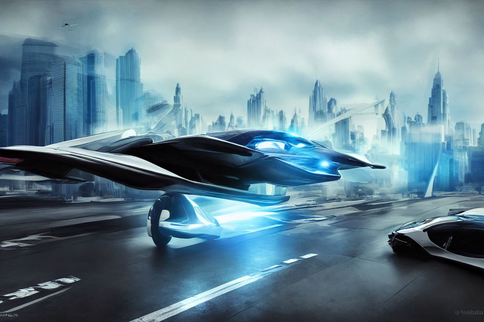 Futuristic cityscape with hover car amid towering skyscrapers