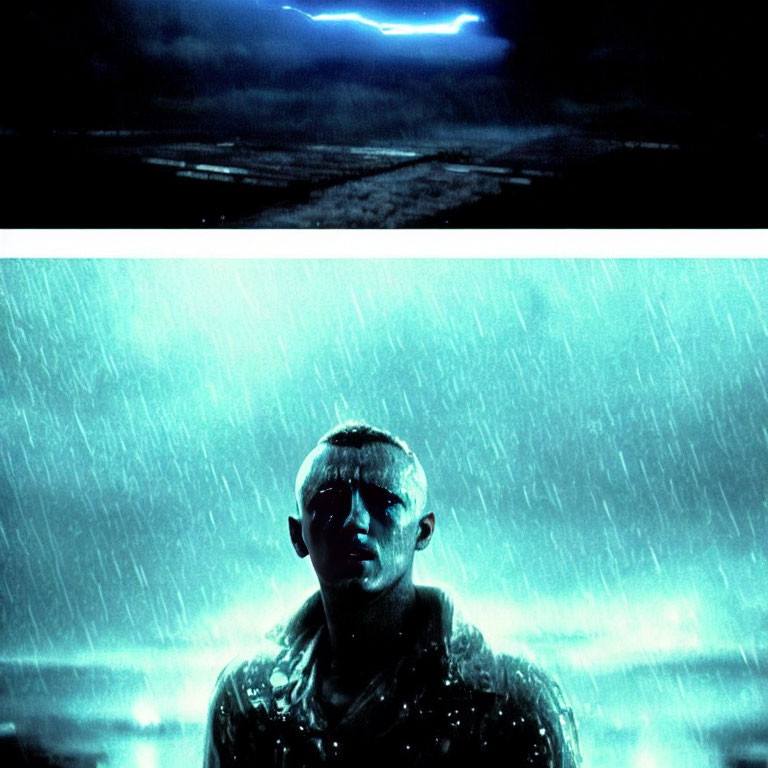 Man standing in rain under glowing blue light in cloudy night sky