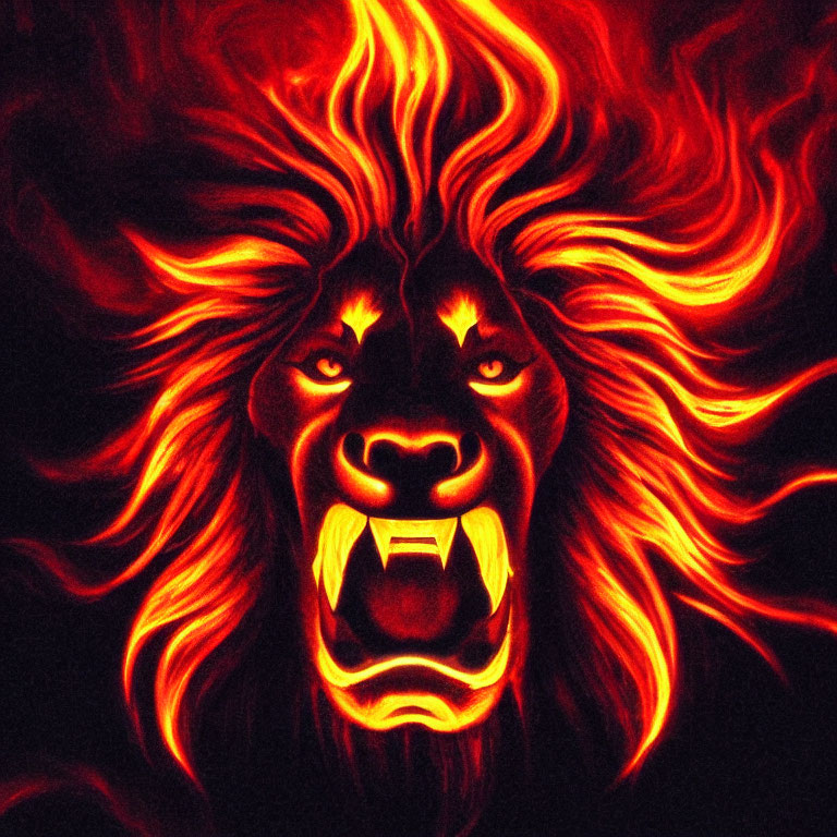 Digital art: Fiery lion with flame-like mane in red, orange, and black hues