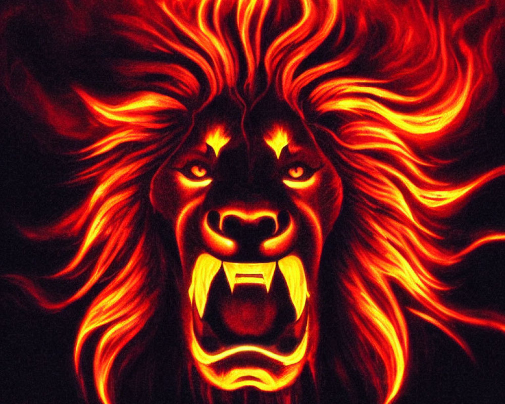 Digital art: Fiery lion with flame-like mane in red, orange, and black hues