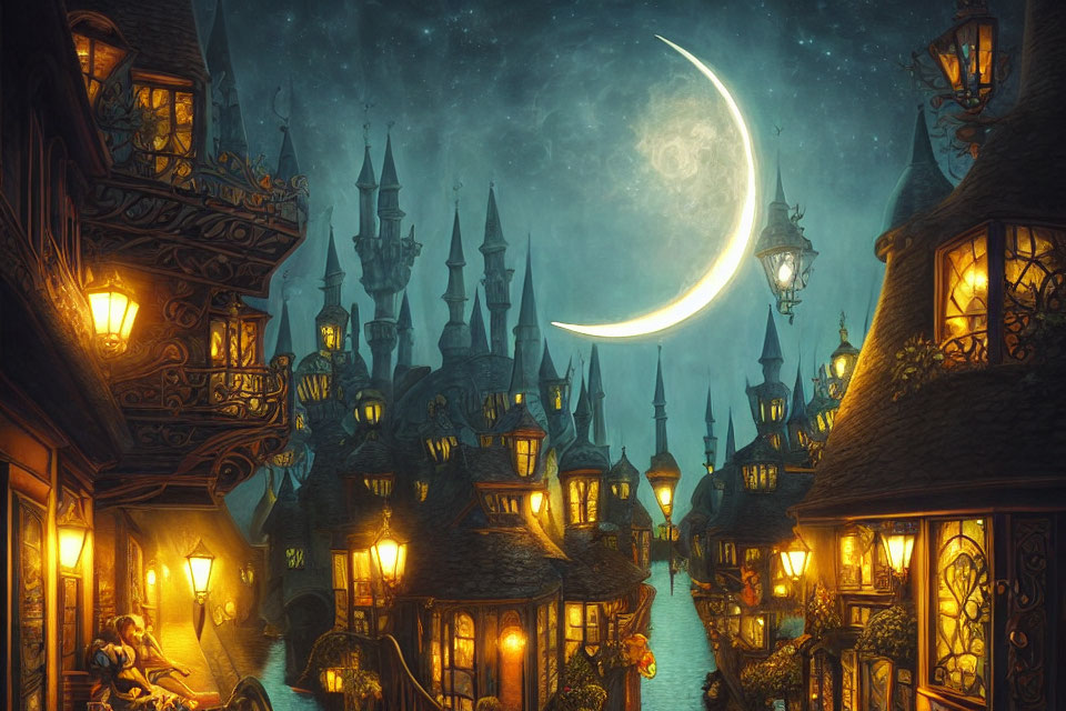 Fantasy village night scene with glowing lanterns and crescent moon