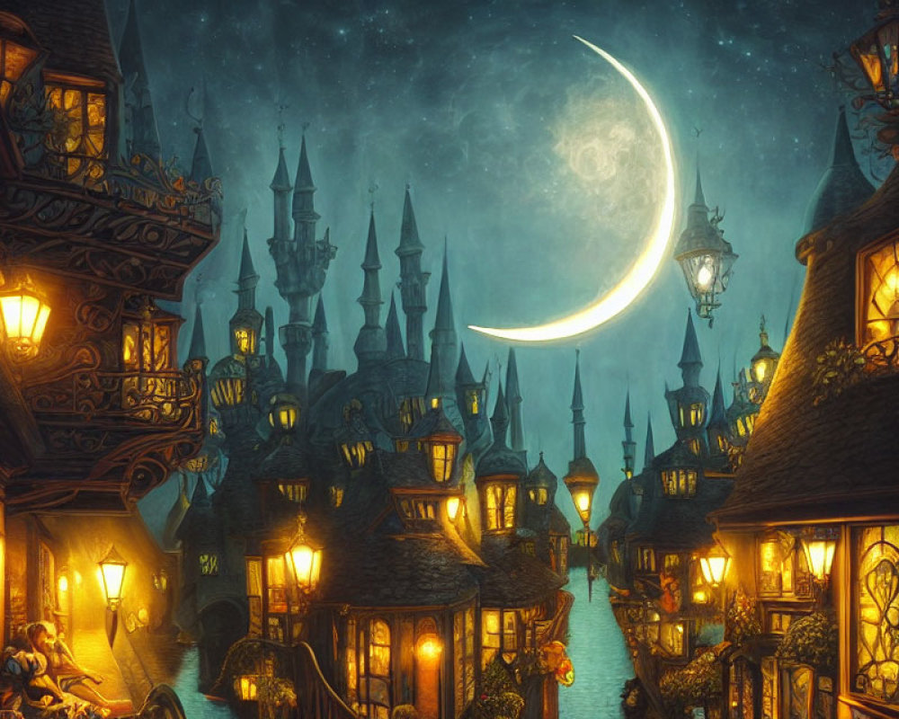 Fantasy village night scene with glowing lanterns and crescent moon