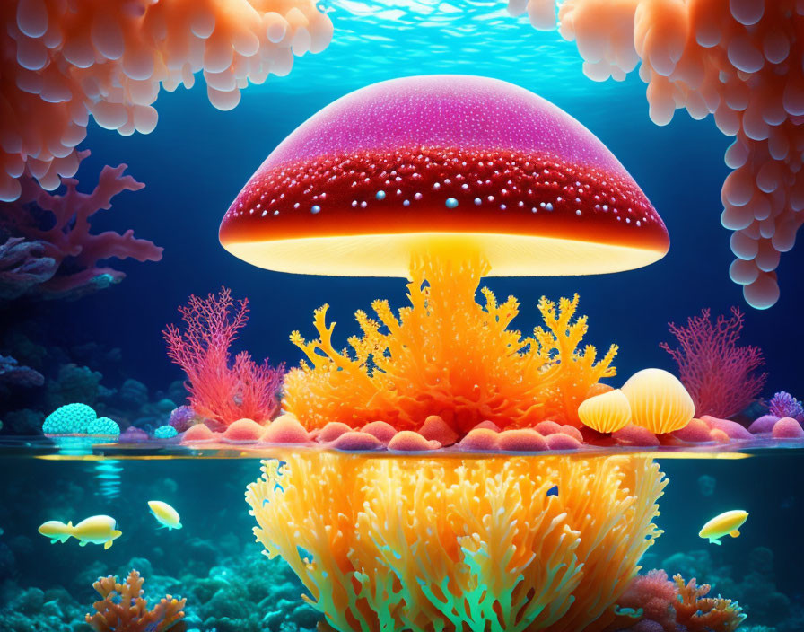 Colorful bioluminescent jellyfish and coral reef illustration underwater.