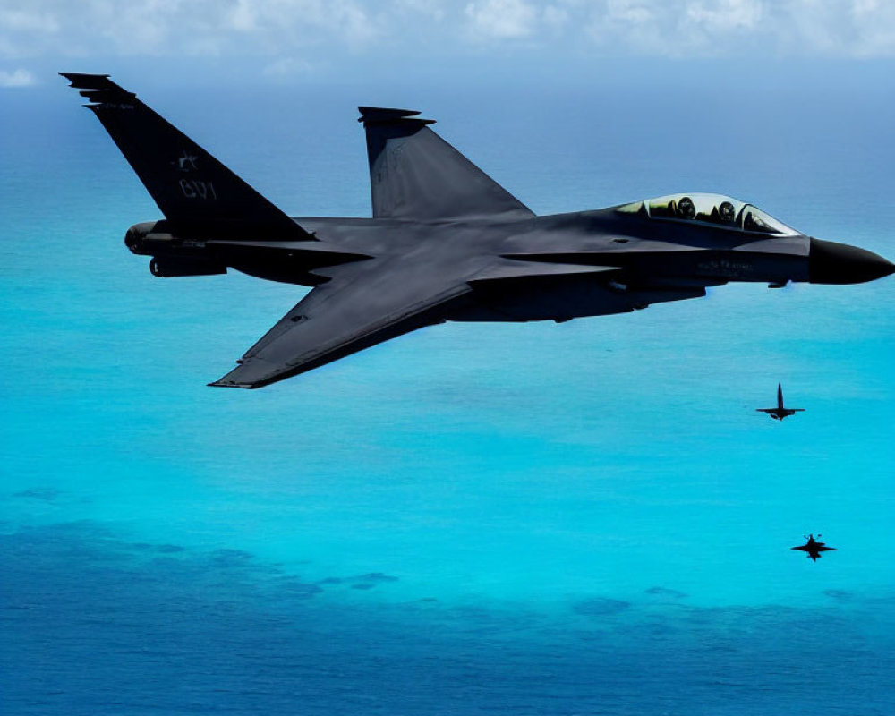 Military fighter jets soaring over tranquil blue sea with clear sky and distant aircraft.