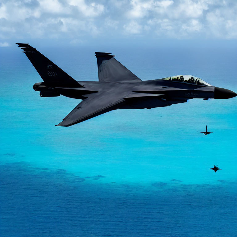 Military fighter jets soaring over tranquil blue sea with clear sky and distant aircraft.