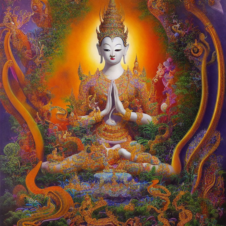 Colorful Meditating Figure with Multiple Arms in Ornate Setting