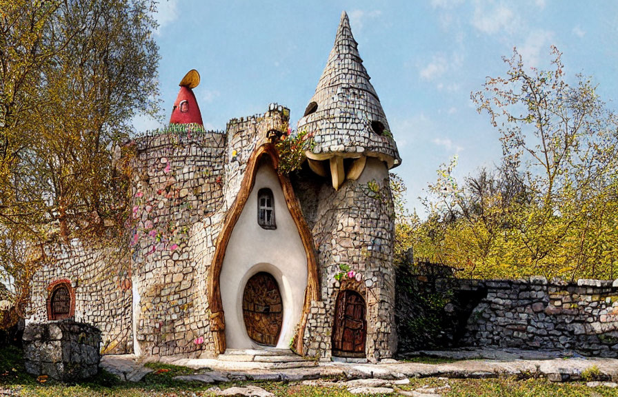 Whimsical stone cottage with conical roof in lush green setting