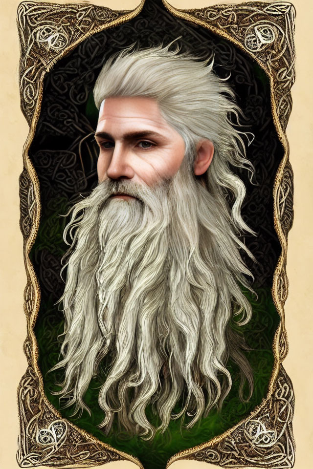 Detailed illustration of elderly man with long white beard and Celtic border.