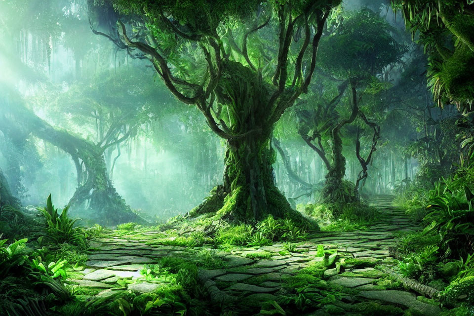 Moss-covered stone path in misty forest with ancient trees