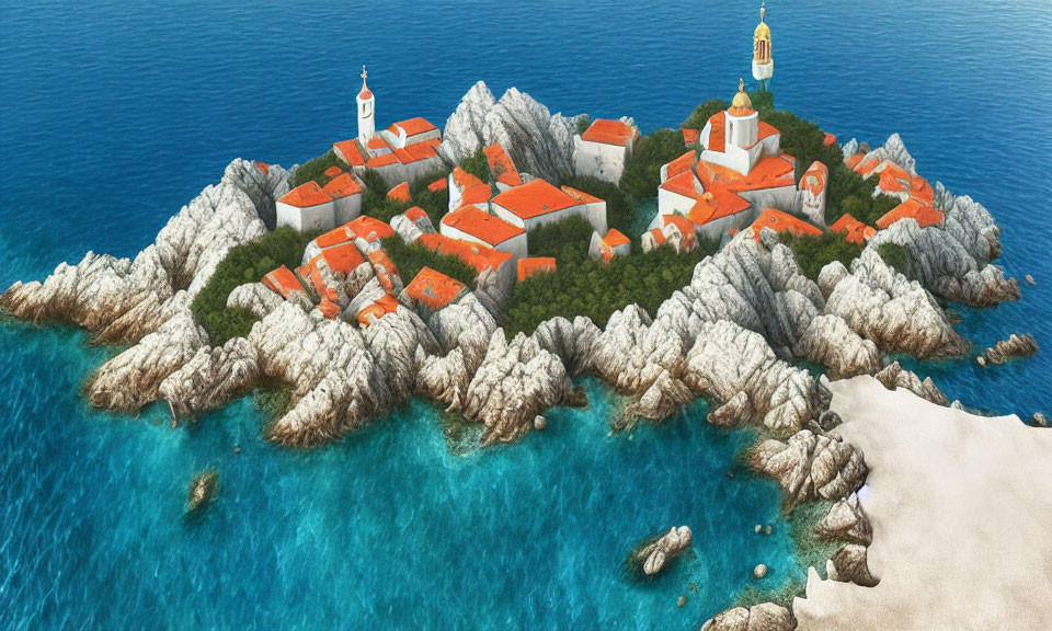 Picturesque island with rocky shores, red-roofed buildings, and church tower in clear blue sea