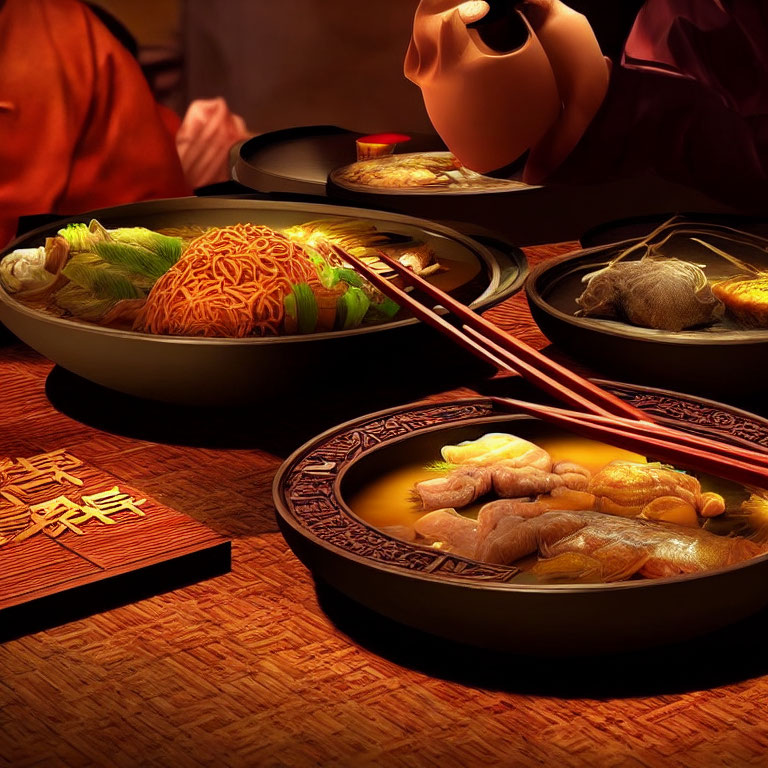 Traditional Asian meal with noodles and dumplings, people dining in background