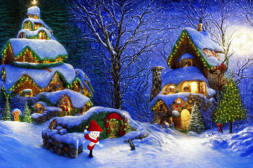 Snow-covered cottages, decorated trees, full moon, and Santa Claus in a winter scene