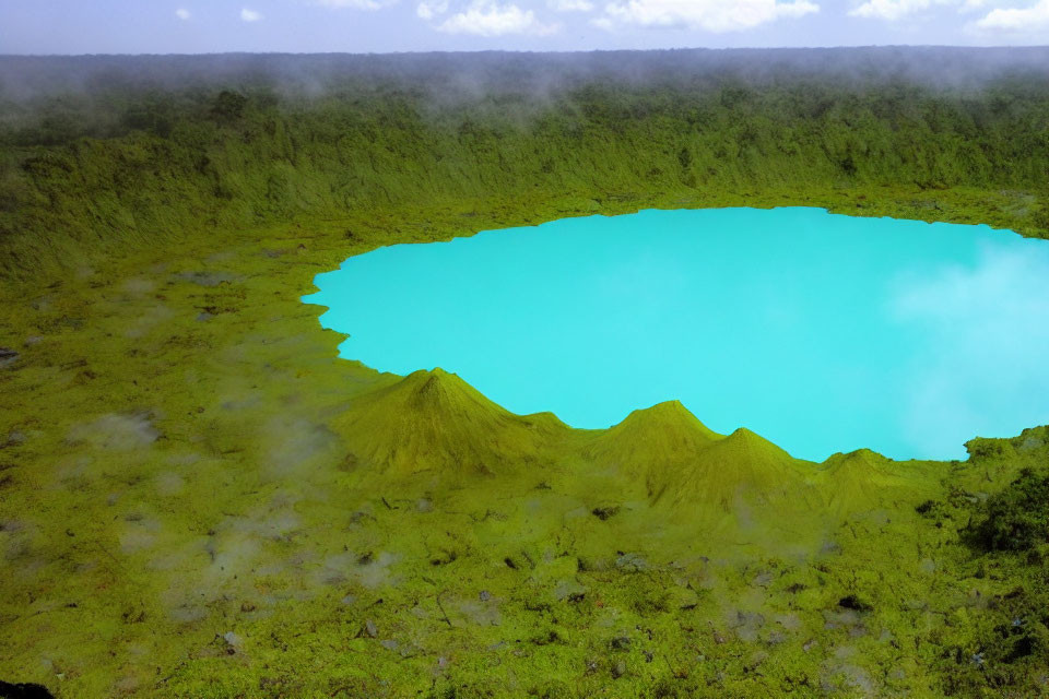 Scenic blue lake with green vegetation and mist under cloudy sky