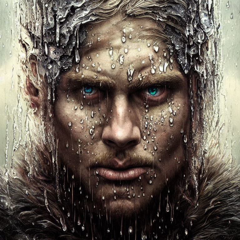 Intense blue-eyed person in fur clothing with wet skin and water droplets.